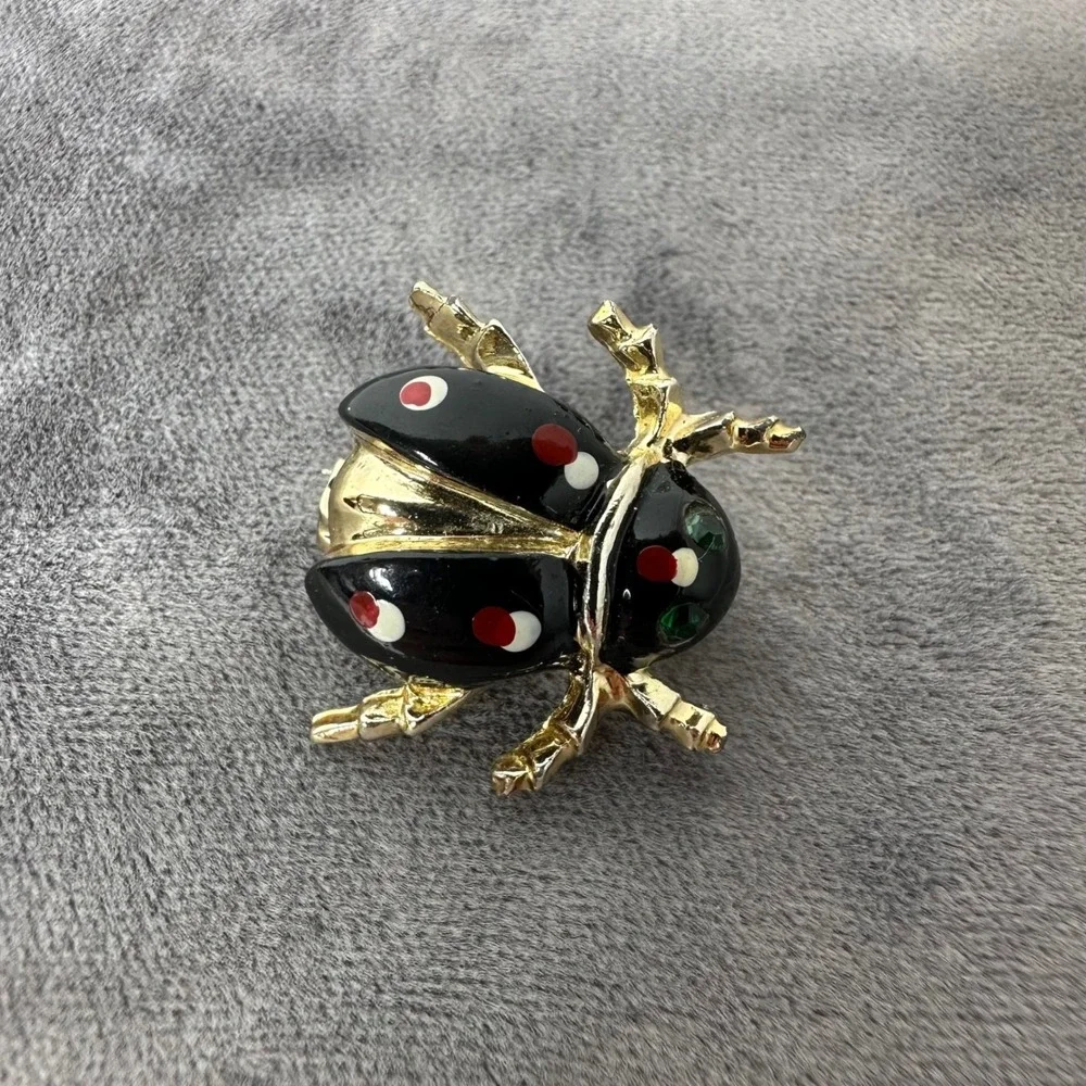 Ladybug Beetle Brooch‎ Black Enamel Red Polka Dot Green Eyes Gold Tone Vintage